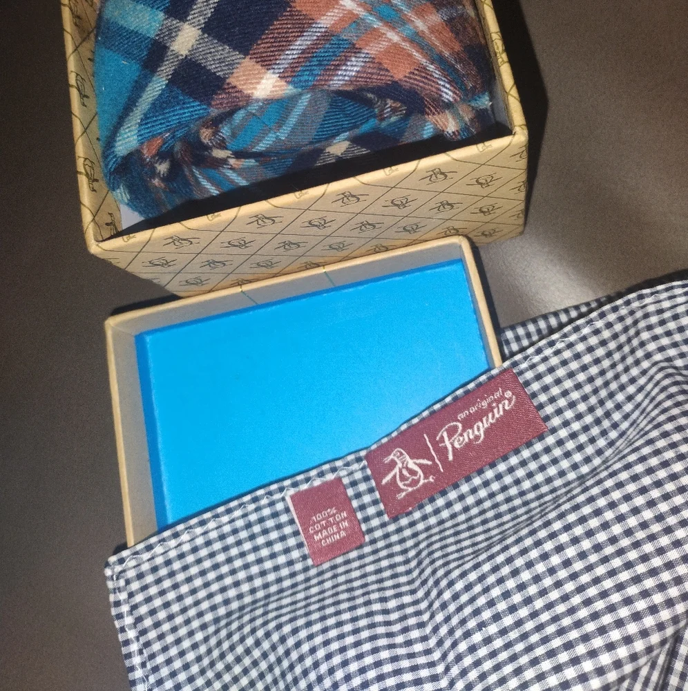 Original Penguin Plaid Tie & Pocket Square on Blue New in Box